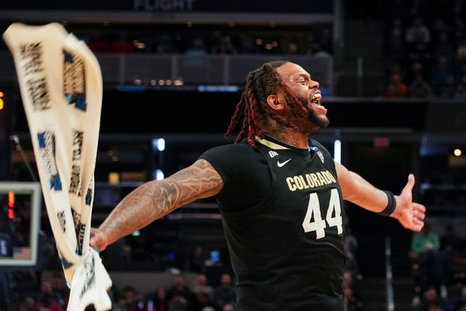 Colorado Buffaloes center Eddie Lampkin Jr. (44) screams in excitement after his teammate scored a basket Friday, March 22, 2024, during the first round of the NCAA Men’s Basketball Tournament at Gainbridge Fieldhouse in Indianapolis. The Colorado Buffaloes defeated the Florida Gators 102-100.