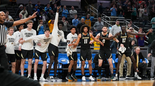 The Colorado Buffaloes bench reacts to their game-winning shot going in Friday, March 22, 2024, during the first round of the NCAA Men’s Basketball Tournament at Gainbridge Fieldhouse in Indianapolis. The Colorado Buffaloes defeated the Florida Gators 102-100.