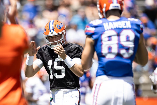 Florida Gators quarterback Graham Mertz (15) hypes up the team before the game at the Orange and Blue spring football game at Steve Spurrier Field at Ben Hill Griffin Stadium in Gainesville, FL on Saturday, April 13, 2024. [Matt Pendleton/Gainesville Sun]