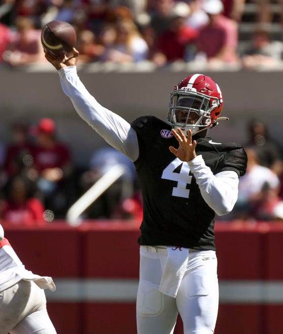 Apr 13, 2024; Tuscaloosa, AL, USA; Alabama quarterback Jalen Milroe (4) throws a pass during the A-Day scrimmage at Bryant-Denny Stadium. Mandatory Credit: Gary Cosby Jr.-USA TODAY Sports