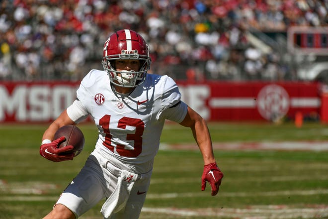Apr 13, 2024; Tuscaloosa, AL, USA; Alabama wide receiver Cole Adams (13) makes a cut and runs after catching a pass during the A-Day scrimmage at Bryant-Denny Stadium. Mandatory Credit: Gary Cosby Jr.-USA TODAY Sports