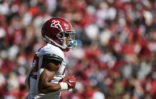 Apr 13, 2024; Tuscaloosa, AL, USA; Alabama running back Justice Haynes (22) jogs off the field during the A-Day scrimmage at Bryant-Denny Stadium. Mandatory Credit: Gary Cosby Jr.-USA TODAY Sports
