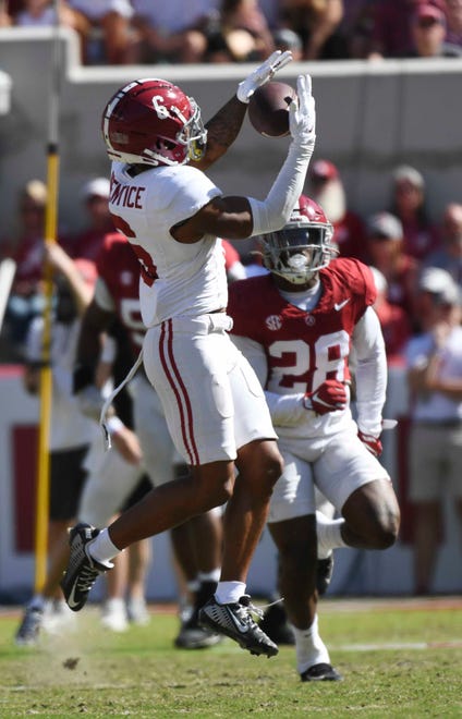 Apr 13, 2024; Tuscaloosa, AL, USA; Alabama wide receiver Kobe Prentice (6) catches a pass during the A-Day scrimmage at Bryant-Denny Stadium. Mandatory Credit: Gary Cosby Jr.-USA TODAY Sports