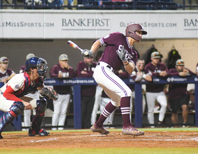 Mississippi State infielder Logan Kohler (40) drives in a run on a groundout in the 5th inning against Ole Miss at Swayze Field in Oxford, Miss., on Friday, Apr. 12, 2024.