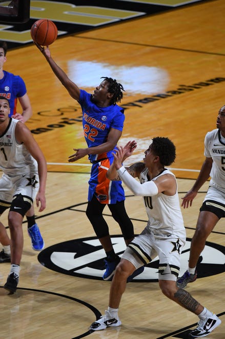 Dec 30, 2020; Nashville, Tennessee, USA; Florida Gators guard Tyree Appleby (22) makes a shot in the lane against the Vanderbilt Commodores during the second half at Memorial Gymnasium. Mandatory Credit: Christopher Hanewinckel-USA TODAY Sports