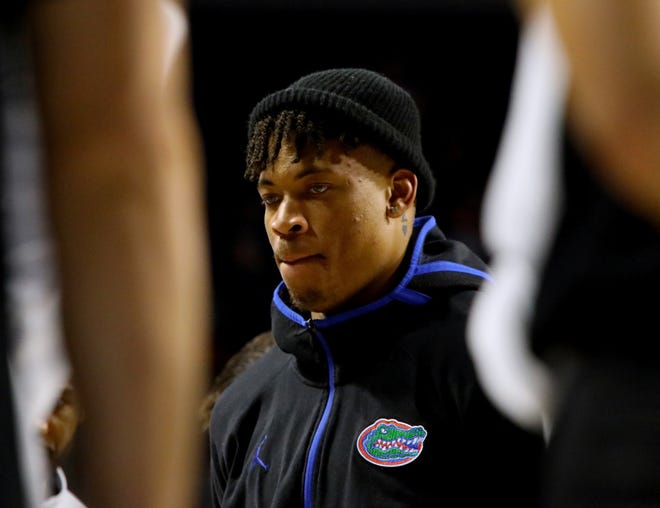 Florida Gator forward Keyontae Johnson (11) listens in the player huddle during a exhibition basketball game between the Florida Gators and Embry-Riddle at the Exactech Arena, in Gainesville Nov. 1, 2021. The Gators got off to a slow start, but hot shooting in the second half lead to a 80-57 win  for UF.
