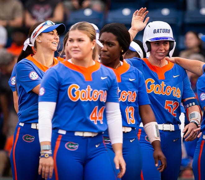 Florida utility Sarah Longley (52) celebrates her solo home run in the bottom of the second. The Florida women’s softball team hosted Stetson at Katie Seashole Pressly Stadium in Gainesville, FL on Wednesday, March 29, 2023. Florida won 8-0 in six. [Doug Engle/Gainesville Sun]