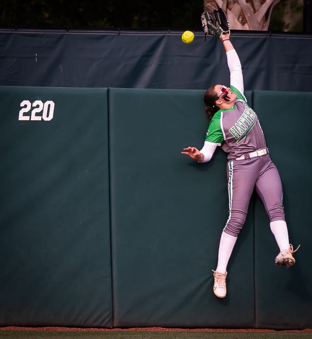 Stetson utility Kami Eppley (5) can’t catch Florida third baseman Charla Echols (4) home run ball in the bottom of the first. The Florida women’s softball team hosted Stetson at Katie Seashole Pressly Stadium in Gainesville, FL on Wednesday, March 29, 2023. Florida won 8-0 in six. [Doug Engle/Gainesville Sun]