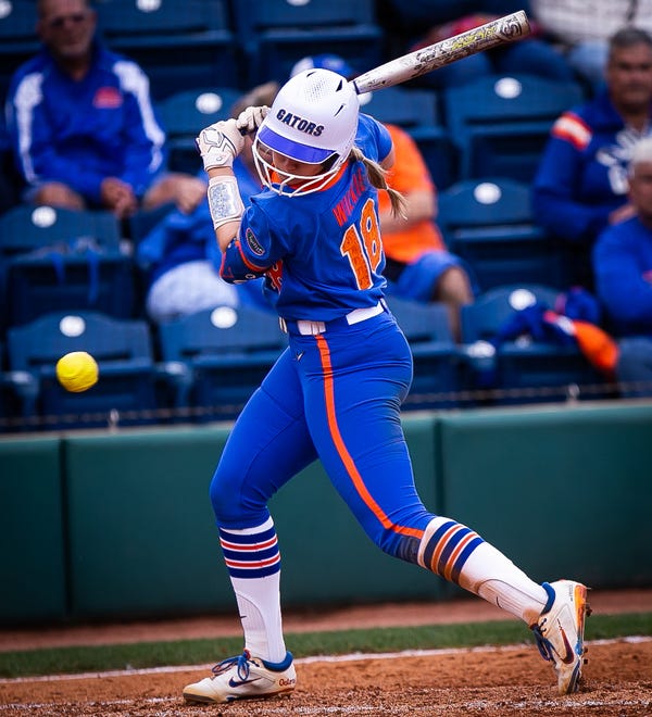 Florida utility Emily Wilkie (18) is hit for a walk in the bottom of the fourth. The Florida women’s softball team hosted Stetson at Katie Seashole Pressly Stadium in Gainesville, FL on Wednesday, March 29, 2023. Florida won 8-0 in six. [Doug Engle/Gainesville Sun]