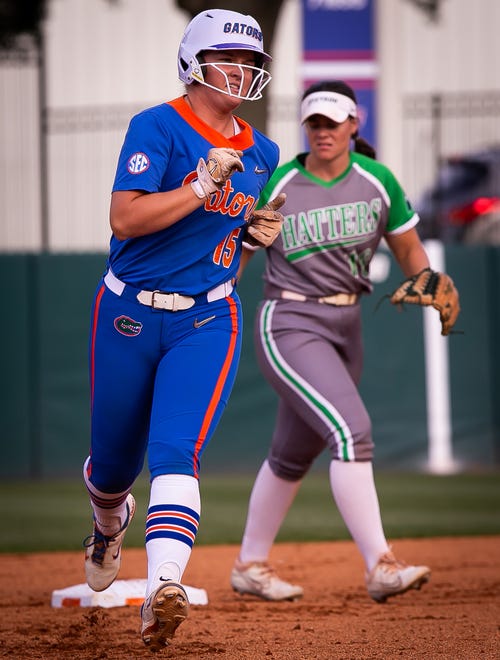 Florida infielder Reagan Walsh (15) rounds second after hitting a solo home run in the bottom of the second to make it 2-0 Florida. The Florida women’s softball team hosted Stetson at Katie Seashole Pressly Stadium in Gainesville, FL on Wednesday, March 29, 2023. Florida won 8-0 in six. [Doug Engle/Gainesville Sun]