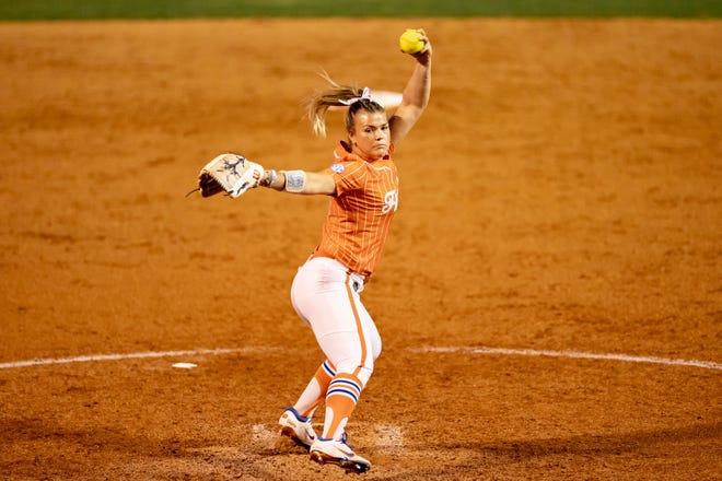 Florida Gators pitcher Rylee Trlicek (44) pitches the ball during the game against the Auburn Tigers at Katie Seashole Pressly Stadium at the University of Florida in Gainesville, FL on Thursday, April 6, 2023. [Matt Pendleton/Gainesville Sun]