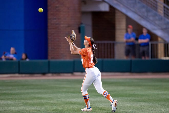 Florida Gators outfielder Katie Kistler (29) catches the ball during the game against the Auburn Tigers at Katie Seashole Pressly Stadium at the University of Florida in Gainesville, FL on Thursday, April 6, 2023. [Matt Pendleton/Gainesville Sun]
