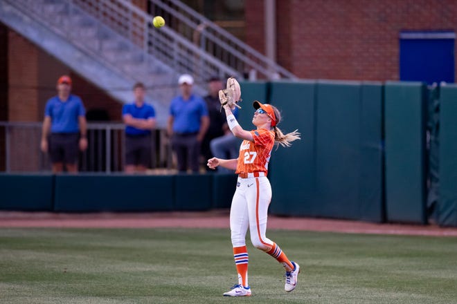 Florida Gators outfielder Kendra Falby (27) catches the ball during the game against the Auburn Tigers at Katie Seashole Pressly Stadium at the University of Florida in Gainesville, FL on Thursday, April 6, 2023. [Matt Pendleton/Gainesville Sun]