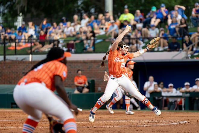 Florida Gators pitcher Elizabeth Hightower (22) pitches the ball during the game against the Auburn Tigers at Katie Seashole Pressly Stadium at the University of Florida in Gainesville, FL on Thursday, April 6, 2023. [Matt Pendleton/Gainesville Sun]