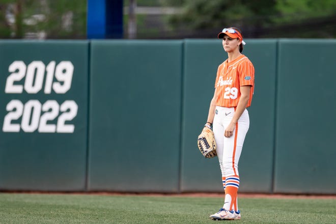 Florida Gators outfielder Katie Kistler (29) waits for a pitch during the game against the Auburn Tigers at Katie Seashole Pressly Stadium at the University of Florida in Gainesville, FL on Thursday, April 6, 2023. [Matt Pendleton/Gainesville Sun]