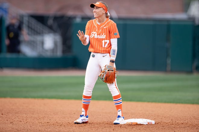 Florida Gators infielder Skylar Wallace (17) smiles between innings during the game against the Auburn Tigers at Katie Seashole Pressly Stadium at the University of Florida in Gainesville, FL on Thursday, April 6, 2023. [Matt Pendleton/Gainesville Sun]