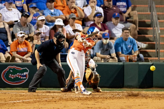 Florida Gators outfielder Katie Kistler (29) hits the ball during the game against the Auburn Tigers at Katie Seashole Pressly Stadium at the University of Florida in Gainesville, FL on Thursday, April 6, 2023. [Matt Pendleton/Gainesville Sun]