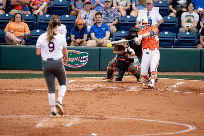 Auburn Tigers pitcher Maddie Penta (9) pitches the ball to Florida Gators infielder Reagan Walsh (15) during the game at Katie Seashole Pressly Stadium at the University of Florida in Gainesville, FL on Thursday, April 6, 2023. [Matt Pendleton/Gainesville Sun]