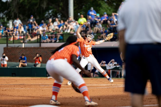 Florida Gators pitcher Elizabeth Hightower (22) pitches the ball during the game against the Auburn Tigers at Katie Seashole Pressly Stadium at the University of Florida in Gainesville, FL on Thursday, April 6, 2023. [Matt Pendleton/Gainesville Sun]