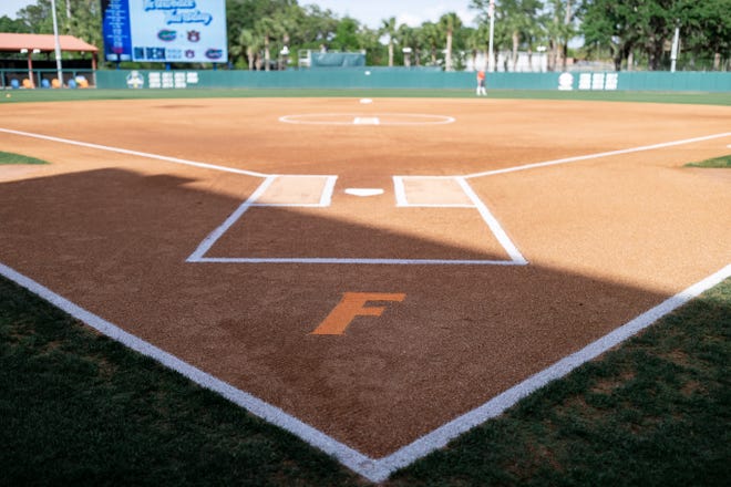 The field is prepped before the game between the Florida Gators and Auburn Tigers during the softball game at Katie Seashole Pressly Stadium at the University of Florida in Gainesville, FL on Thursday, April 6, 2023. [Matt Pendleton/Gainesville Sun]