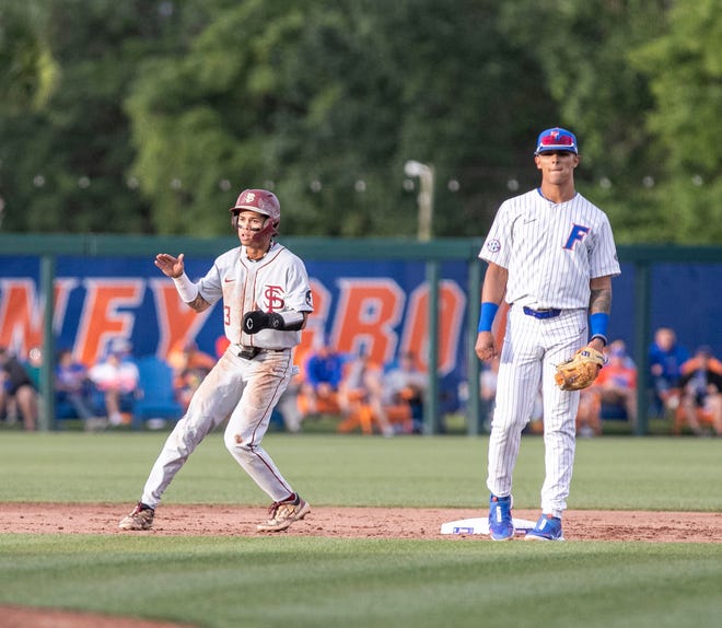 Florida State's infielder Jordan Carrion (3) steals second in the top of the third against Florida, Tuesday, April 11, 2023, at Condron Family Baseball Park in Gainesville, Florida. The Gators beat the Seminoles 5-3. [Cyndi Chambers/ Gainesville Sun] 2023