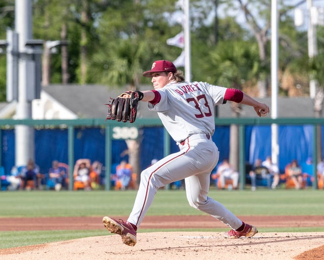 Florida State's utility Ben Barrett (33) was the starting pitcher for the Seminoles against the Gators, Tuesday, April 11, 2023, at Condron Family Baseball Park in Gainesville, Florida. The Gators beat the Seminoles 5-3. [Cyndi Chambers/ Gainesville Sun] 2023