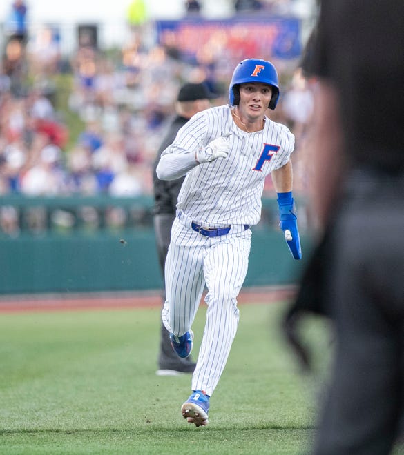 Florida's outfielder Michael Robertson (11) heads for home in the bottom of the sixth against Florida State University, Tuesday, April 11, 2023, at Condron Family Baseball Park in Gainesville, Florida. The Gators beat the Seminoles 5-3. [Cyndi Chambers/ Gainesville Sun] 2023