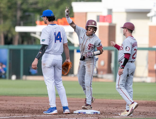 Florida State's infielder Jordan Carrion (3) with a single in the top of the third against Florida, Tuesday, April 11, 2023, at Condron Family Baseball Park in Gainesville, Florida. The Gators beat the Seminoles 5-3. [Cyndi Chambers/ Gainesville Sun] 2023