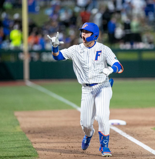 Florida's outfielder Ty Evans (2) with the three run homer in the bottom of the eighth against Florida State University, Tuesday, April 11, 2023, at Condron Family Baseball Park in Gainesville, Florida. The Gators beat the Seminoles 5-3. [Cyndi Chambers/ Gainesville Sun] 2023