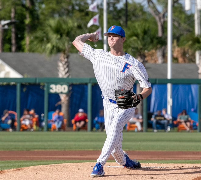 Florida's Ryan Slater (13) was the starting pitcher for the Gators against Florida State University, Tuesday, April 11, 2023, at Condron Family Baseball Park in Gainesville, Florida. The Gators beat the Seminoles 5-3. [Cyndi Chambers/ Gainesville Sun] 2023