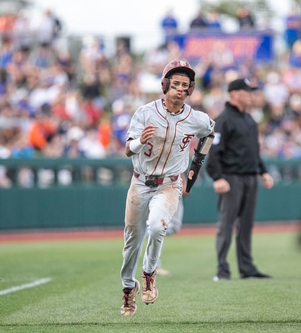 Florida State's infielder Jordan Carrion (3) heads for home in the top of the sixth inning against Florida, Tuesday, April 11, 2023, at Condron Family Baseball Park in Gainesville, Florida. The Gators beat the Seminoles 5-3. [Cyndi Chambers/ Gainesville Sun] 2023
