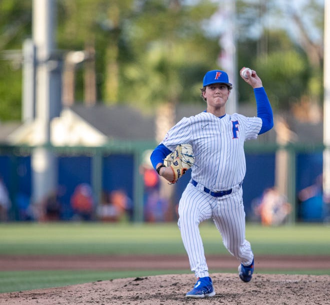 Florida's pitcher Cade Fisher (3) pitches in relief in the top of the seventh against Florida State University, Tuesday, April 11, 2023, at Condron Family Baseball Park in Gainesville, Florida. The Gators beat the Seminoles 5-3. [Cyndi Chambers/ Gainesville Sun] 2023