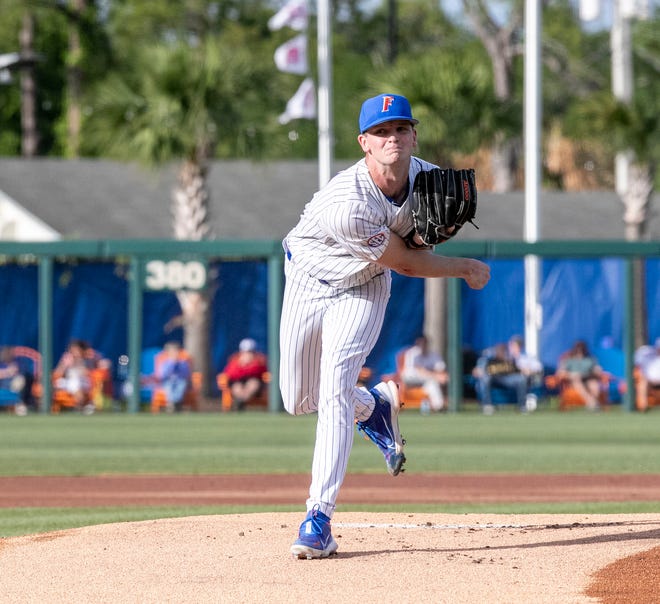 Florida's Ryan Slater (13) was the starting pitcher for the Gators against Florida State University, Tuesday, April 11, 2023, at Condron Family Baseball Park in Gainesville, Florida. The Gators beat the Seminoles 5-3. [Cyndi Chambers/ Gainesville Sun] 2023