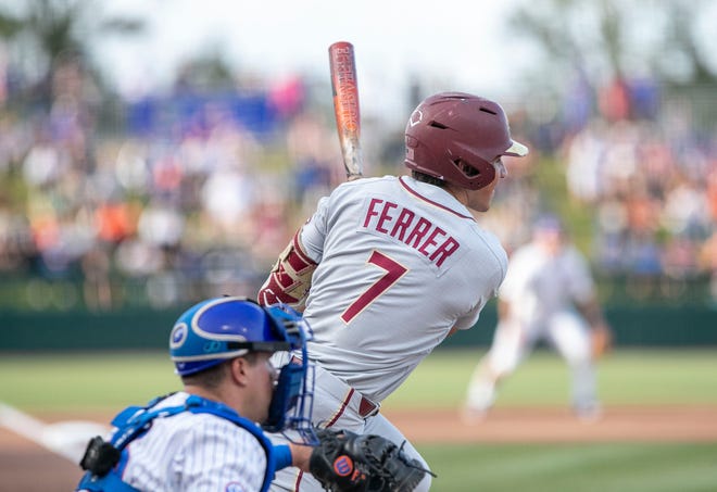 Florida State's outfielder Jaime Ferrer (7) with a single in the top of the third against Florida, Tuesday, April 11, 2023, at Condron Family Baseball Park in Gainesville, Florida. The Gators beat the Seminoles 5-3. [Cyndi Chambers/ Gainesville Sun] 2023