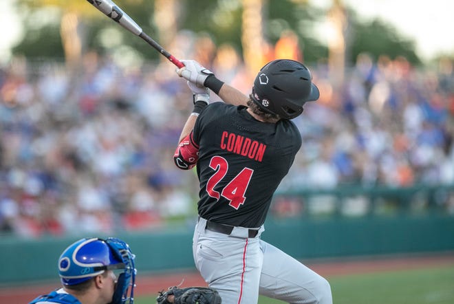 Georgia's first baseman Charlie Condon (24) with a home run on the Gators, Friday, April 14, 2023, at Condron Family Baseball Park in Gainesville, Florida. The Gators lost Game 1 of the weekend series to the Bulldogs 13-11. [Cyndi Chambers/ Gainesville Sun] 2023