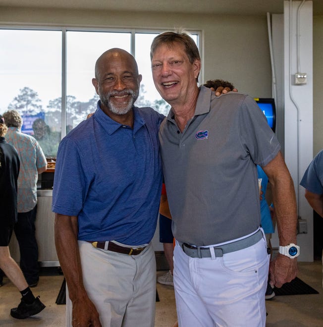 Former Gator baseball players Jim Watkins (left) and Nick Belmont (right) joined other former players from the 1970's  teams for a reunion during the Florida vs Georgia series, Saturday, April 15, 2023, at Condron Family Baseball Park in Gainesville, Florida. [Cyndi Chambers/ Gainesville Sun] 2023
