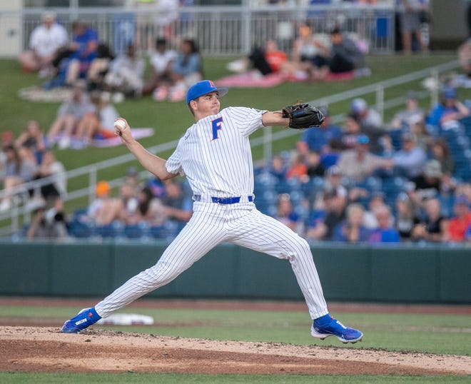 Florida's pitcher Fisher Jameson (27) pitches in relief against Florida A&M. Florida beat FAMU17-7 in 7 innings of play, Tuesday, April 18, 2023, at Condron Family Baseball Park in Gainesville, Florida.[Cyndi Chambers/ Gainesville Sun] 2023