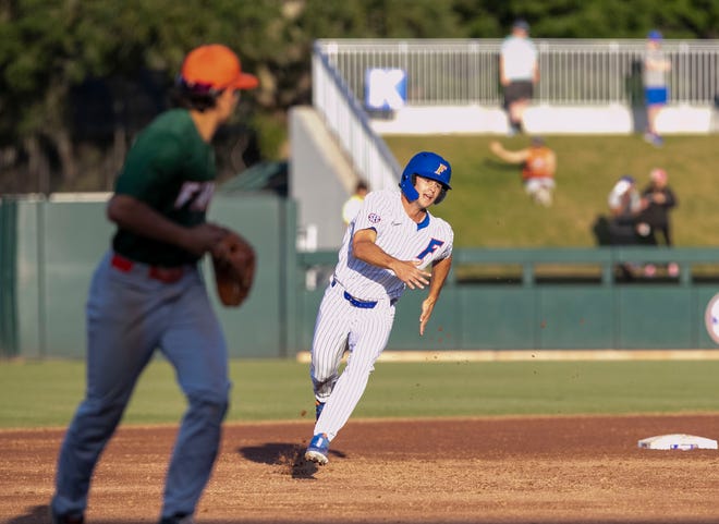 Florida's outfielder Richie Schiekofer (25) heads for third in the bottom of the third inning against Florida A&M. Florida beat FAMU17-7 in 7 innings of play, Tuesday, April 18, 2023, at Condron Family Baseball Park in Gainesville, Florida.[Cyndi Chambers/ Gainesville Sun] 2023