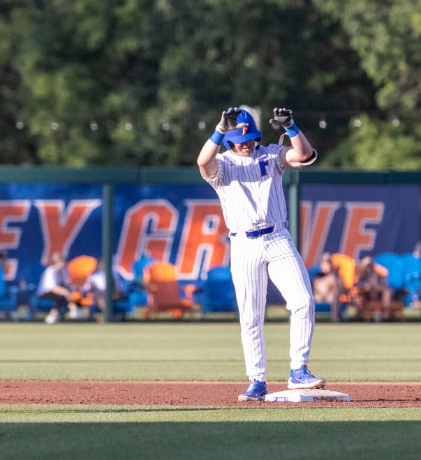 Florida's infielder Dale Thomas (1) with a double against Florida A&M. Florida beat FAMU17-7 in 7 innings of play, Tuesday, April 18, 2023, at Condron Family Baseball Park in Gainesville, Florida.[Cyndi Chambers/ Gainesville Sun] 2023