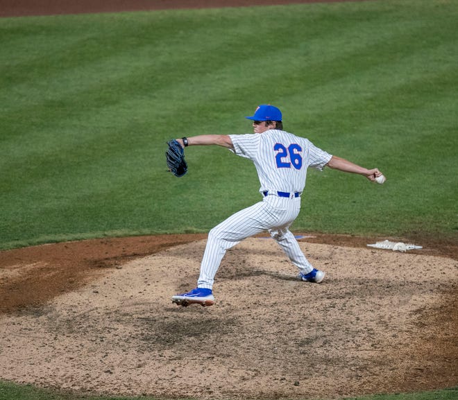 Florida's pitcher Clete Hartzog (26) is the closer against Florida A&M. Florida beat FAMU17-7 in 7 innings of play, Tuesday, April 18, 2023, at Condron Family Baseball Park in Gainesville, Florida.[Cyndi Chambers/ Gainesville Sun] 2023
