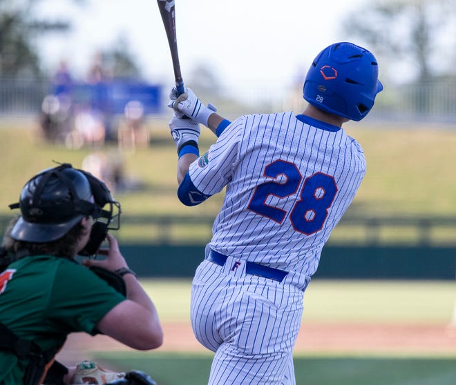 Florida's catcher Luke Heyman (28) with a homer against Florida A&M. Florida beat FAMU17-7 in 7 innings of play, Tuesday, April 18, 2023, at Condron Family Baseball Park in Gainesville, Florida.[Cyndi Chambers/ Gainesville Sun] 2023