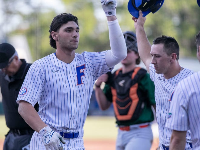Florida's utility Jac Caglianone (14) with his 22nd homerun on the season against Florida A&M. Florida beat FAMU17-7 in 7 innings of play, Tuesday, April 18, 2023, at Condron Family Baseball Park in Gainesville, Florida.[Cyndi Chambers/ Gainesville Sun] 2023
