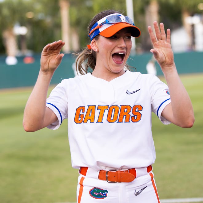 Florida outfielder Christina Wellen (26) waves to the fans after the stadium played happy birthday for her. The Florida women’s softball team hosted USF at Katie Seashole Pressly Stadium in Gainesville, FL on Wednesday, April 19, 2023. Florida won 7-3 by hitting a grand slam in the bottom of the seventh inning. [Doug Engle/Gainesville Sun]