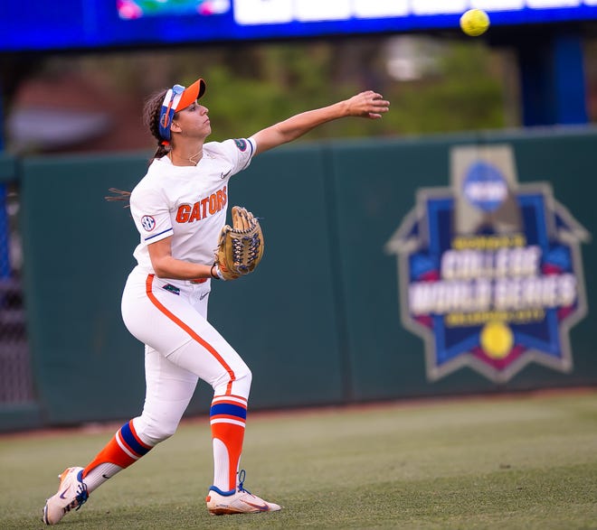Florida infielder Kaila Pollard (23) throws to second in the top of the second. The Florida women’s softball team hosted USF at Katie Seashole Pressly Stadium in Gainesville, FL on Wednesday, April 19, 2023. Florida won 7-3 by hitting a grand slam in the bottom of the seventh inning. [Doug Engle/Gainesville Sun]