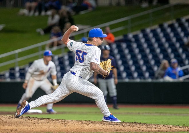 Florida's Philip Abner (55)] pitches in relief against UNF, Tuesday, April 25, 2023, at Condron Family Baseball Park in Gainesville, Florida. UF won 6-2. [Cyndi Chambers/ Gainesville Sun] 2023