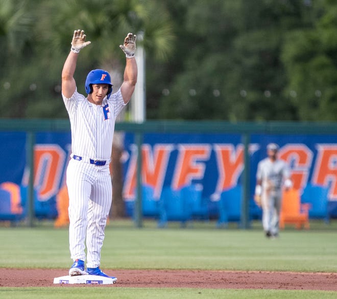 Florida's utility Wyatt Langford (36) with a double against UNF, Tuesday, April 25, 2023, at Condron Family Baseball Park in Gainesville, Florida. UF won 6-2. [Cyndi Chambers/ Gainesville Sun] 2023