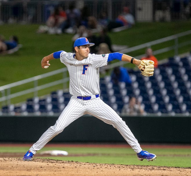 Florida's Nick Ficarrotta (46) pitches in relief against UNF, Tuesday, April 25, 2023, at Condron Family Baseball Park in Gainesville, Florida. UF won 6-2. [Cyndi Chambers/ Gainesville Sun] 2023