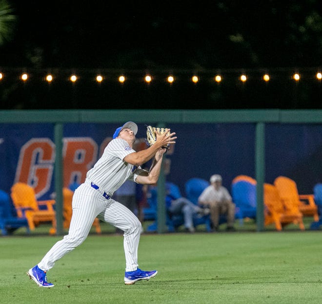 Florida's utility Wyatt Langford (36) catches a pop-up fly by UNF, Tuesday, April 25, 2023, at Condron Family Baseball Park in Gainesville, Florida. UF won 6-2. [Cyndi Chambers/ Gainesville Sun] 2023
