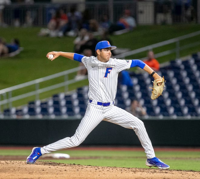Florida's Nick Ficarrotta (46) pitches in relief against UNF, Tuesday, April 25, 2023, at Condron Family Baseball Park in Gainesville, Florida. UF won 6-2. [Cyndi Chambers/ Gainesville Sun] 2023