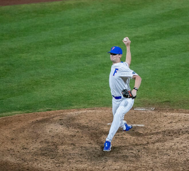 Florida's pitcher Ryan Slater (13) is the closer against UNF, Tuesday, April 25, 2023, at Condron Family Baseball Park in Gainesville, Florida. UF won 6-2. [Cyndi Chambers/ Gainesville Sun] 2023